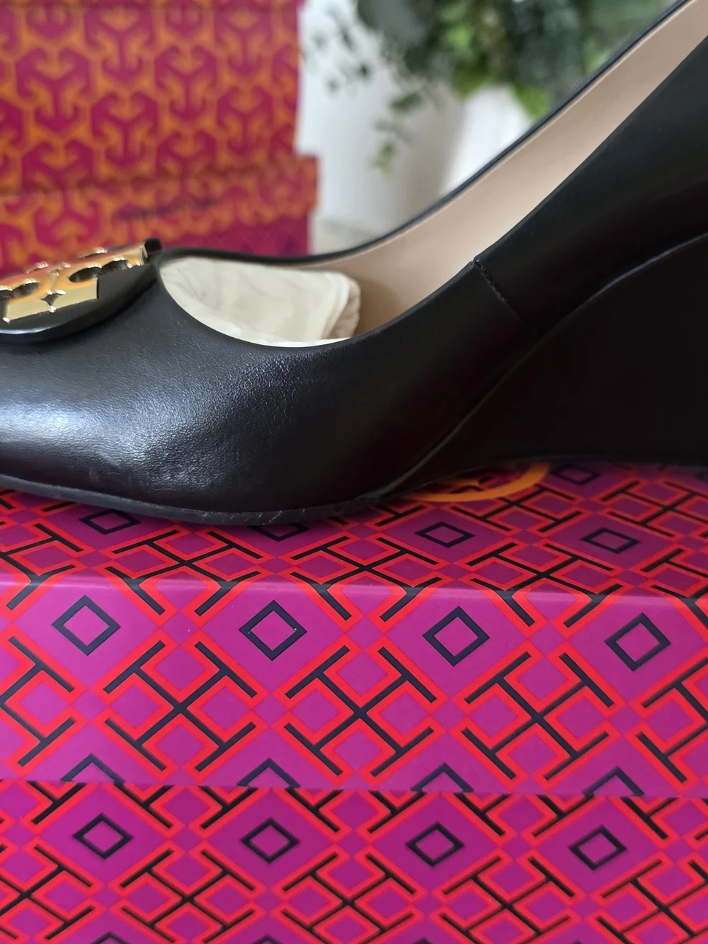 Tory Burch Women's Black Leather Luna 85 MM- Wedges with Gold Emblem. SIZE 8 - Picture 6 of 12